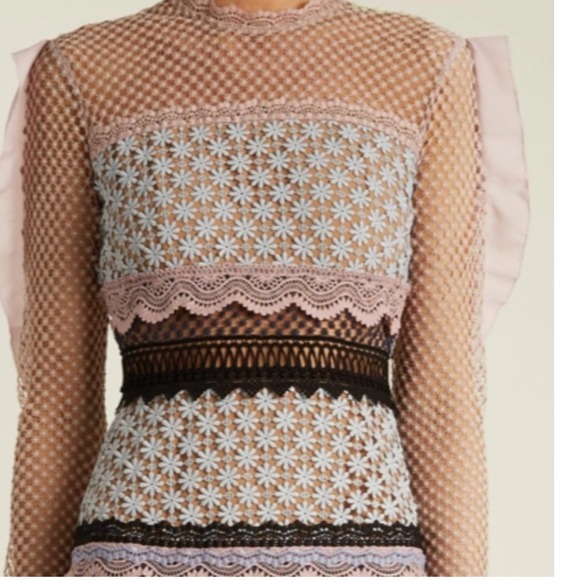 Self Portrait Lace Trimmed Maxi Dress Pink/Blue Floral Sheer Sleeve Size 6 Nwt - Picture 3 of 9